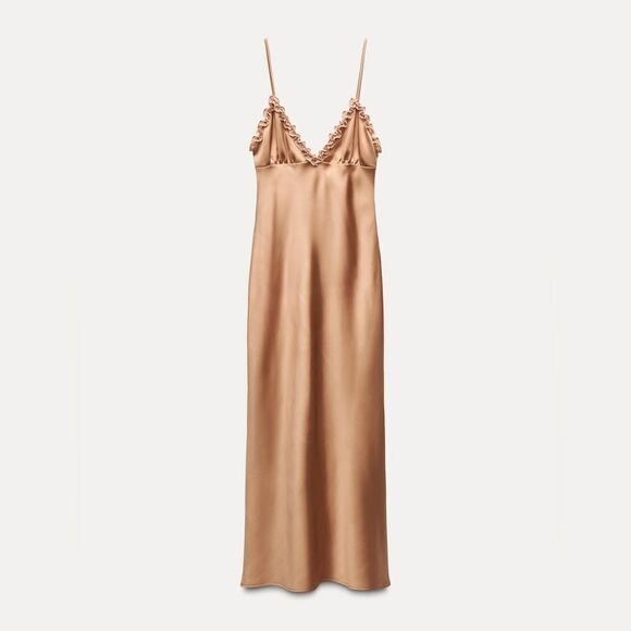 NWT ZARA CONTRASTING RUFFLES SATIN EFFECT DRESS gold/ champagne color - Picture 12 of 15